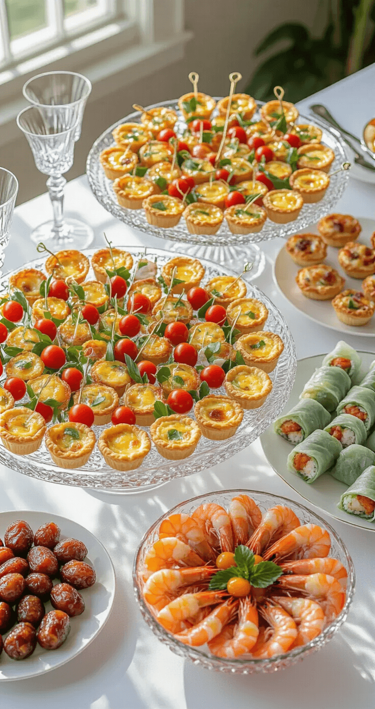 Ultimate Wedding Cocktail Hour Finger Food Guide: Delicious Bites for Every Taste Luxurious overhead view of an opulent cocktail hour spread with artfully arranged platters of caprese skewers, mini quiches, shrimp cocktail, bacon-wrapped dates, and fresh spring rolls, all set on white linen tables, illuminated by soft ambient lighting.