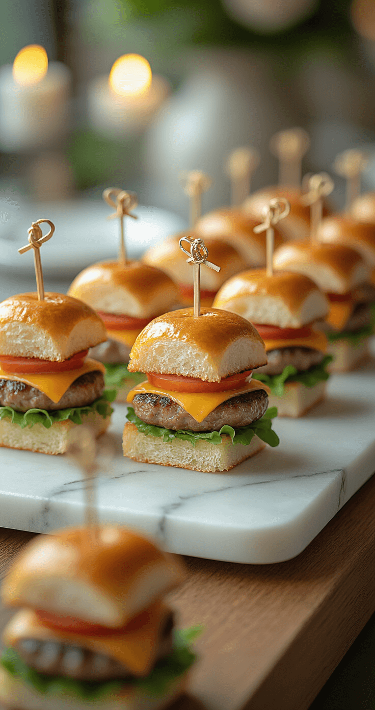 Mini Sliders for Weddings: The Ultimate Gourmet Finger Food Guide Luxurious close-up of gourmet mini sliders on a marble platter, secured with decorative wedding toothpicks, showcasing melted cheese, fresh vegetables, and patties, with soft romantic lighting and an elegant wedding reception ambiance.