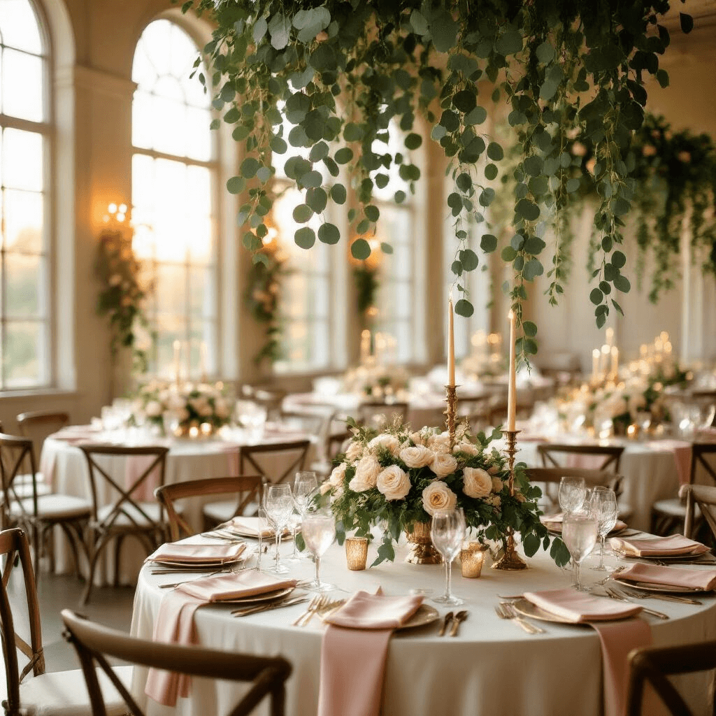 Eucalyptus Garland: The Ultimate Guide to Styling, Photography, and Event Decor A beautifully decorated indoor ballroom at golden hour, featuring eucalyptus garlands on round tables with ivory silk linens, rose gold candelabras, cream roses, blush pink napkins, and crystal glassware illuminated by soft natural light from tall windows.