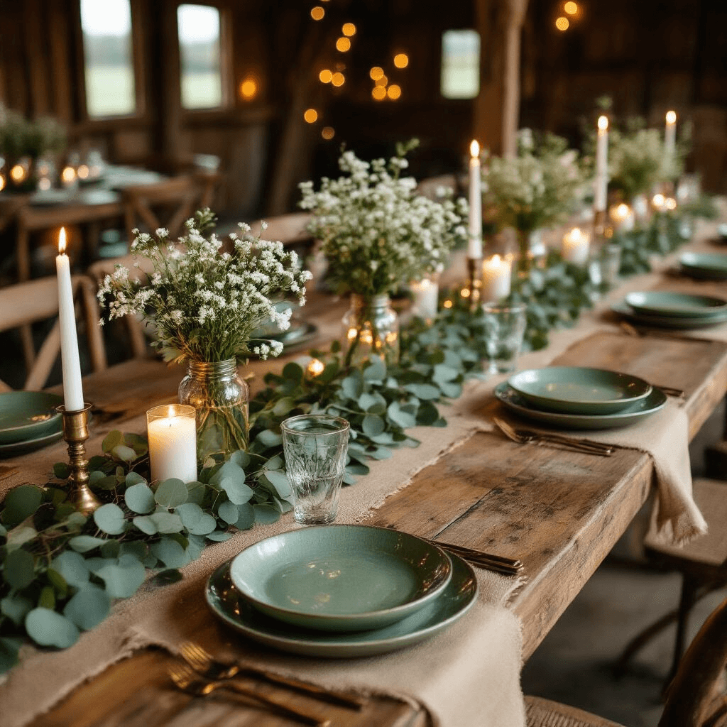 Eucalyptus Garland: The Ultimate Guide to Styling, Photography, and Event Decor Overhead view of a rustic barn dinner party with long wooden tables, candlelit ambiance, eucalyptus garland, fairy lights, white pillar candles, sage green ceramic plates, burlap runners, and mason jar centerpieces filled with white wildflowers and eucalyptus.