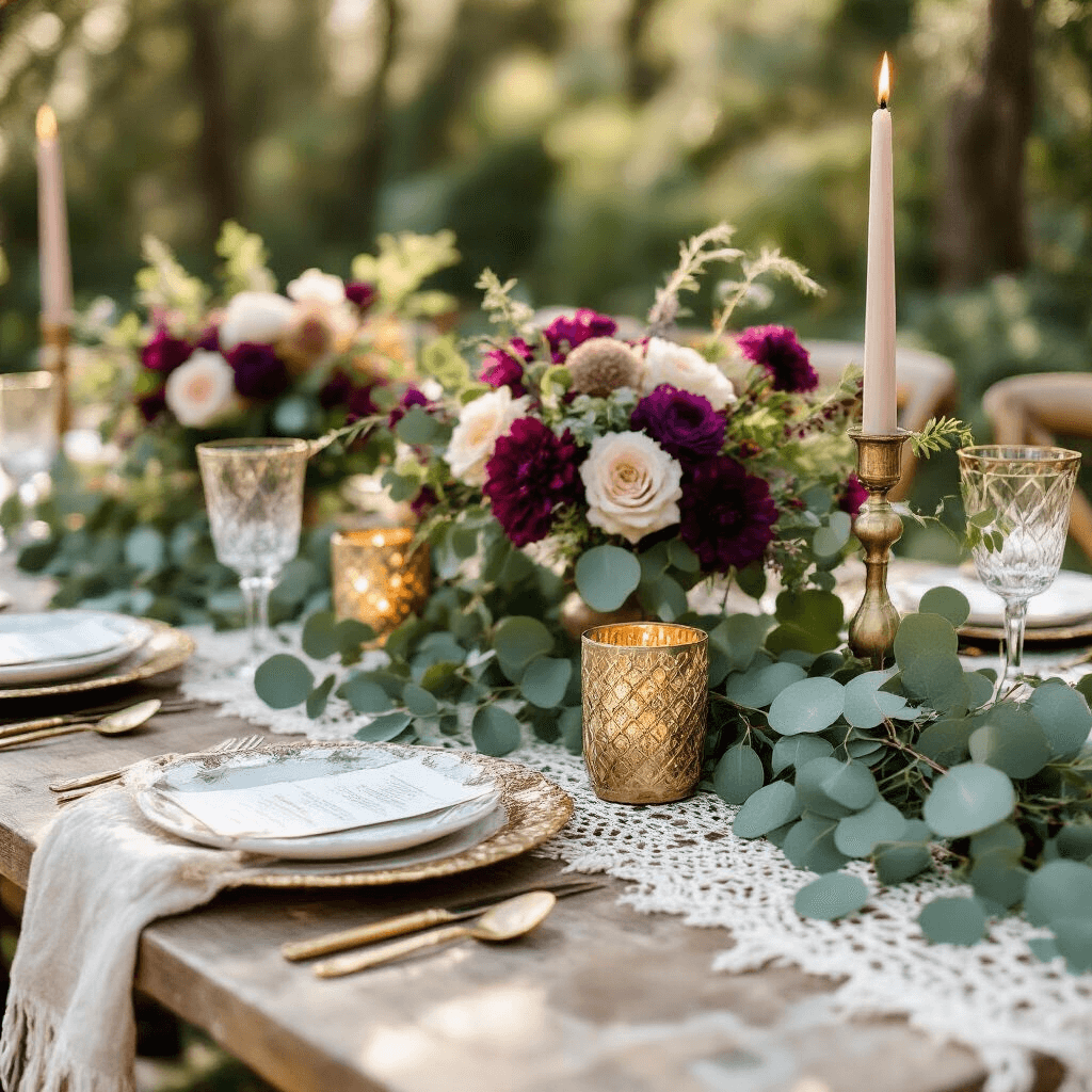 Eucalyptus Garland: The Ultimate Guide to Styling, Photography, and Event Decor Close-up detail of a boho wedding tablescape featuring eucalyptus garlands, marble table tops, macrame runners, gold geometric candle holders, jewel-tone florals, vintage brass chargers, and lace napkins, all illuminated by soft morning light.