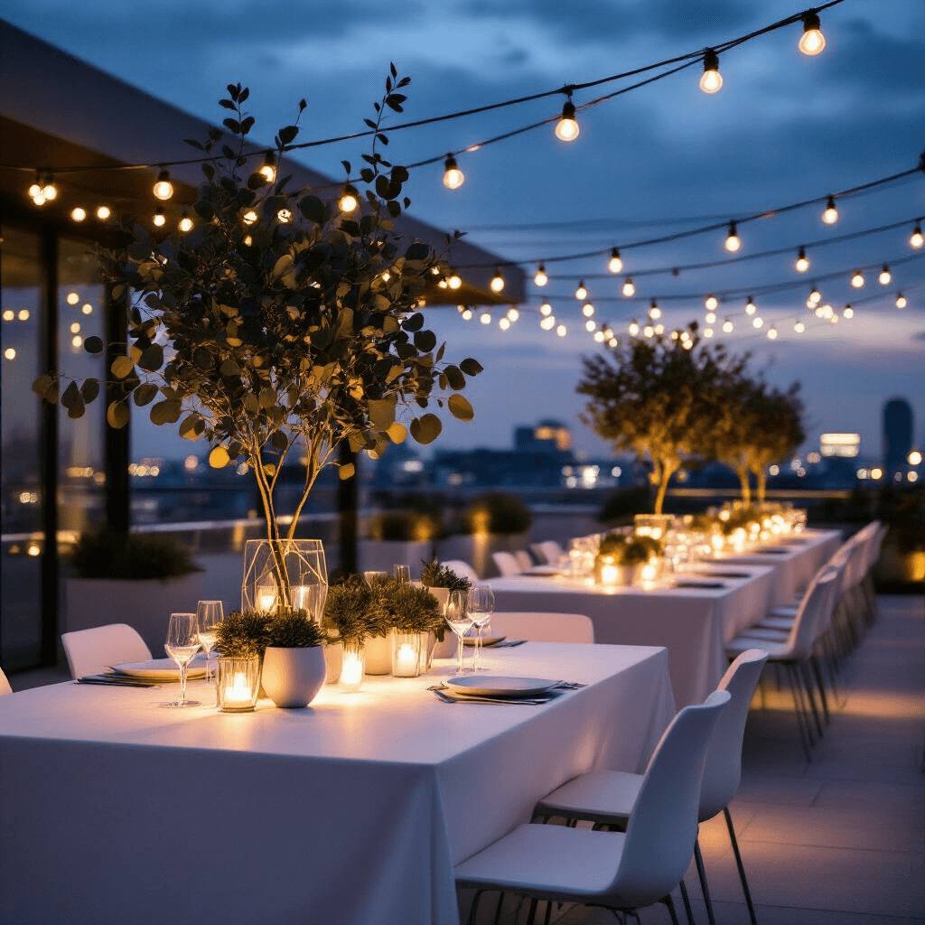 Eucalyptus Garland: The Ultimate Guide to Styling, Photography, and Event Decor Moody cinematic shot of a minimalist rooftop terrace corporate event at night, featuring clean white tables with eucalyptus arrangements and metallic accents, LED uplighting casting dramatic shadows, and string lights overhead for ambient glow.