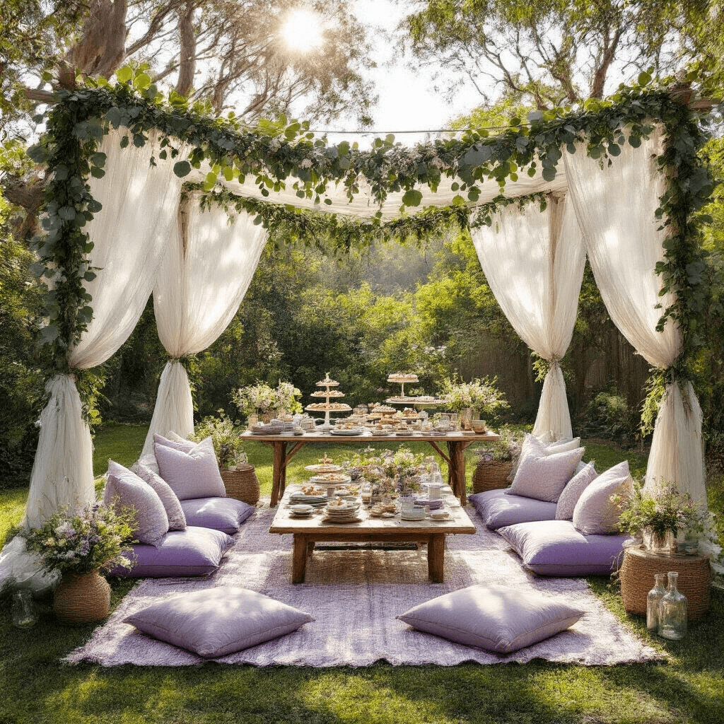 Eucalyptus Garland: The Ultimate Guide to Styling, Photography, and Event Decor A whimsical backyard gathering featuring a dessert cart and picnic-style low tables with lavender and silver floor cushions, framed by eucalyptus garlands and sheer white drapery, with vintage glass bottles and wildflower arrangements enhancing the playful outdoor atmosphere.