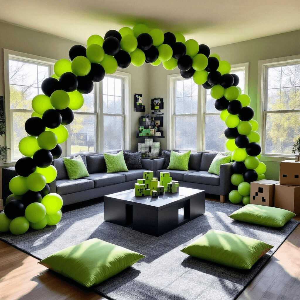 Minecraft Balloon Garland: The Ultimate Gamer Party Decoration Guide A modern living room converted into a Minecraft-themed paradise, featuring a balloon garland in lime green, dark green, black, and gray, pixelated decorations on a low coffee table, square cushions on the floor, and cardboard Minecraft props, with afternoon sunlight casting blocky shadows.
