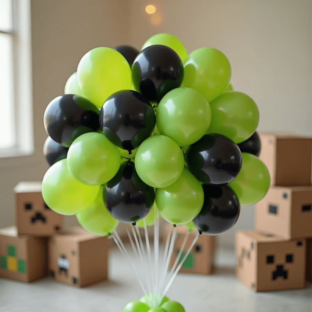 Minecraft Balloon Garland: The Ultimate Gamer Party Decoration Guide Close-up view of clustered lime green and black Minecraft-themed balloons arranged with clear strips, set against a backdrop of brown cardboard blocks and geometric party favors, with soft lighting enhancing the texture and depth.