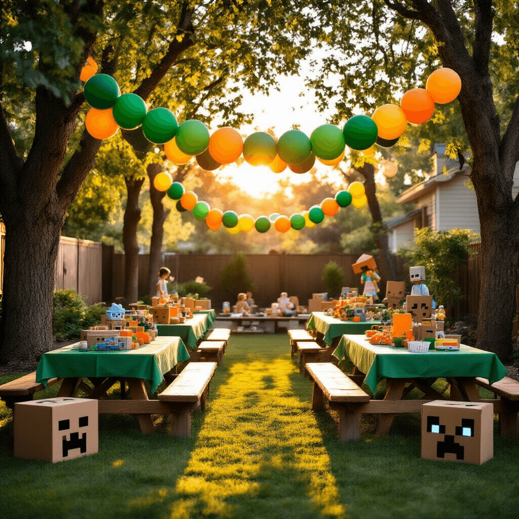Minecraft Balloon Garland: The Ultimate Gamer Party Decoration Guide A vibrant backyard party scene during golden hour, showcasing a balloon garland archway, picnic tables with green tablecloths, and playful children's gaming props, all illuminated by warm evening light that casts whimsical blocky shadows on the grass.