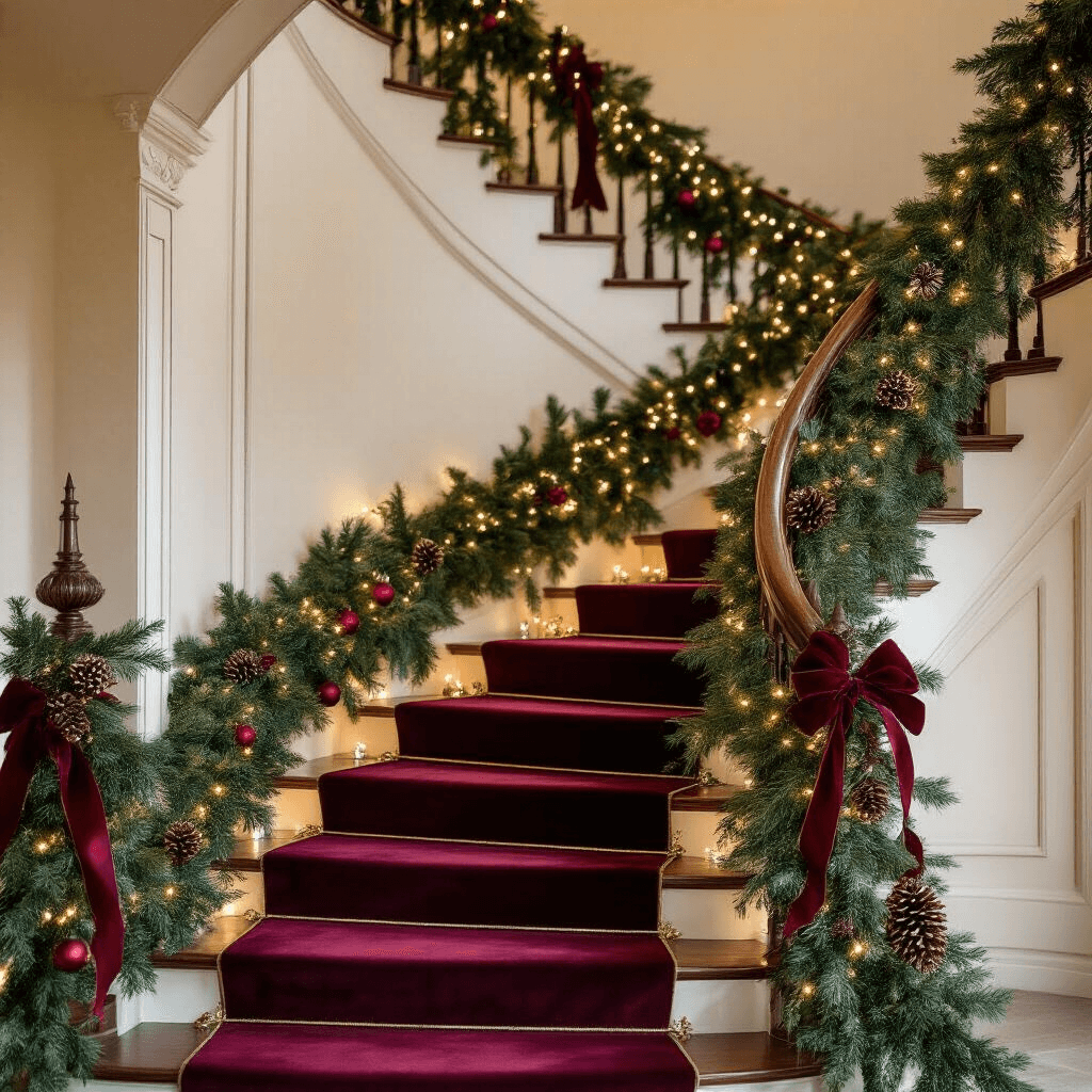 How to Create a Stunning Christmas Stair Garland: A Complete Guide to Festive Decor A grand foyer featuring a curved staircase adorned with evergreen garland and golden fairy lights, complemented by burgundy velvet ribbon, frosted pinecones, and deep red ornaments, all illuminated by soft evening lighting against cream walls.
