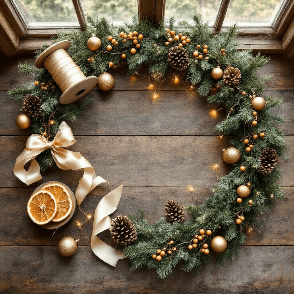 How to Create a Stunning Christmas Stair Garland: A Complete Guide to Festive Decor Overhead flat lay of garland installation supplies on rustic wood flooring, featuring fresh pine garland, champagne satin ribbon, vintage brass ornaments, copper fairy lights, floral wire, command hooks, and dried orange slices, illuminated by soft morning light in a sage green and gold color palette.
