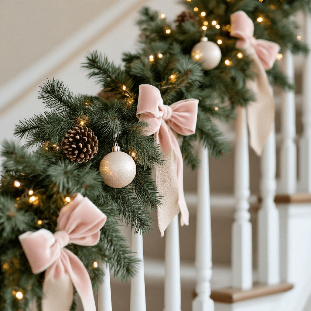 How to Create a Stunning Christmas Stair Garland: A Complete Guide to Festive Decor Close-up detail of a beautifully decorated banister featuring layered evergreen garlands, warm LED lights, blush pink velvet ribbons, cream glass ornaments, and burlap accents, all set in a cozy, candlelit environment.