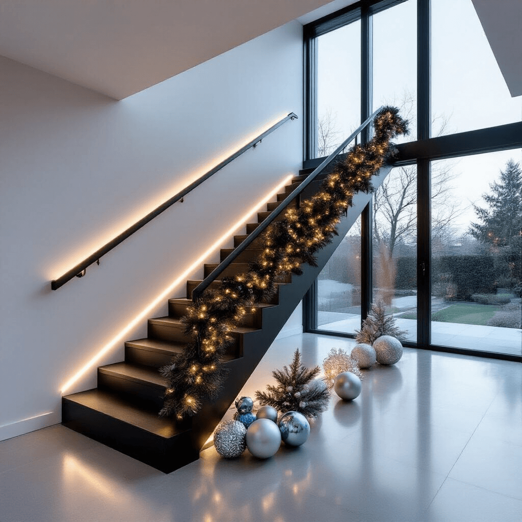 How to Create a Stunning Christmas Stair Garland: A Complete Guide to Festive Decor Cinematic side-angle view of a modern minimalist staircase with sleek black railings decorated with garland, illuminated by cool white LED lights, featuring silver and frosted blue ornaments, surrounded by floor-to-ceiling windows that allow natural sunlight to accentuate the upscale holiday design.