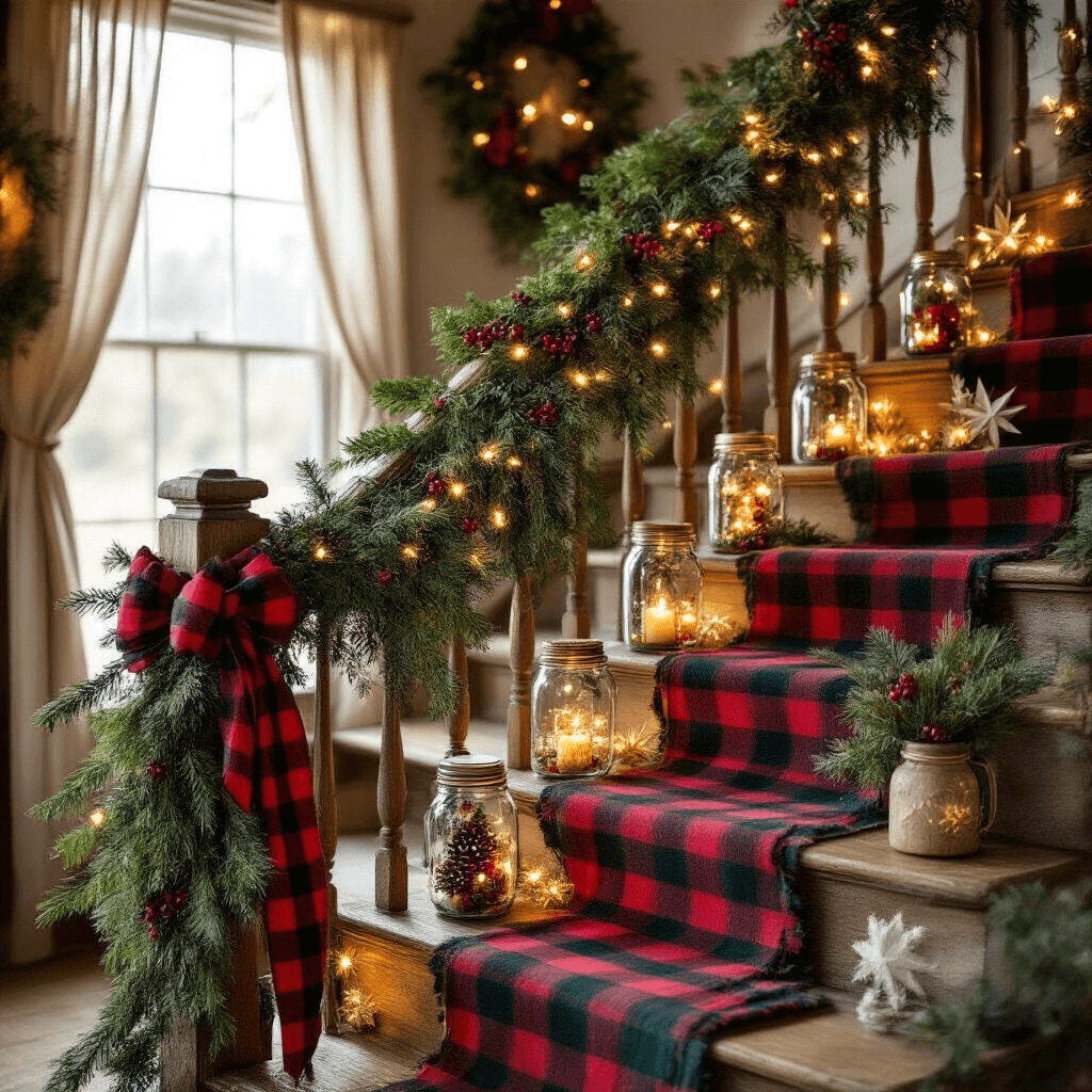 How to Create a Stunning Christmas Stair Garland: A Complete Guide to Festive Decor A whimsical rustic farmhouse staircase adorned with abundant greenery garland, warm amber string lights, and plaid ribbons, featuring mason jars filled with holly berries and vintage ornaments, all illuminated by golden hour lighting for a cozy holiday atmosphere.