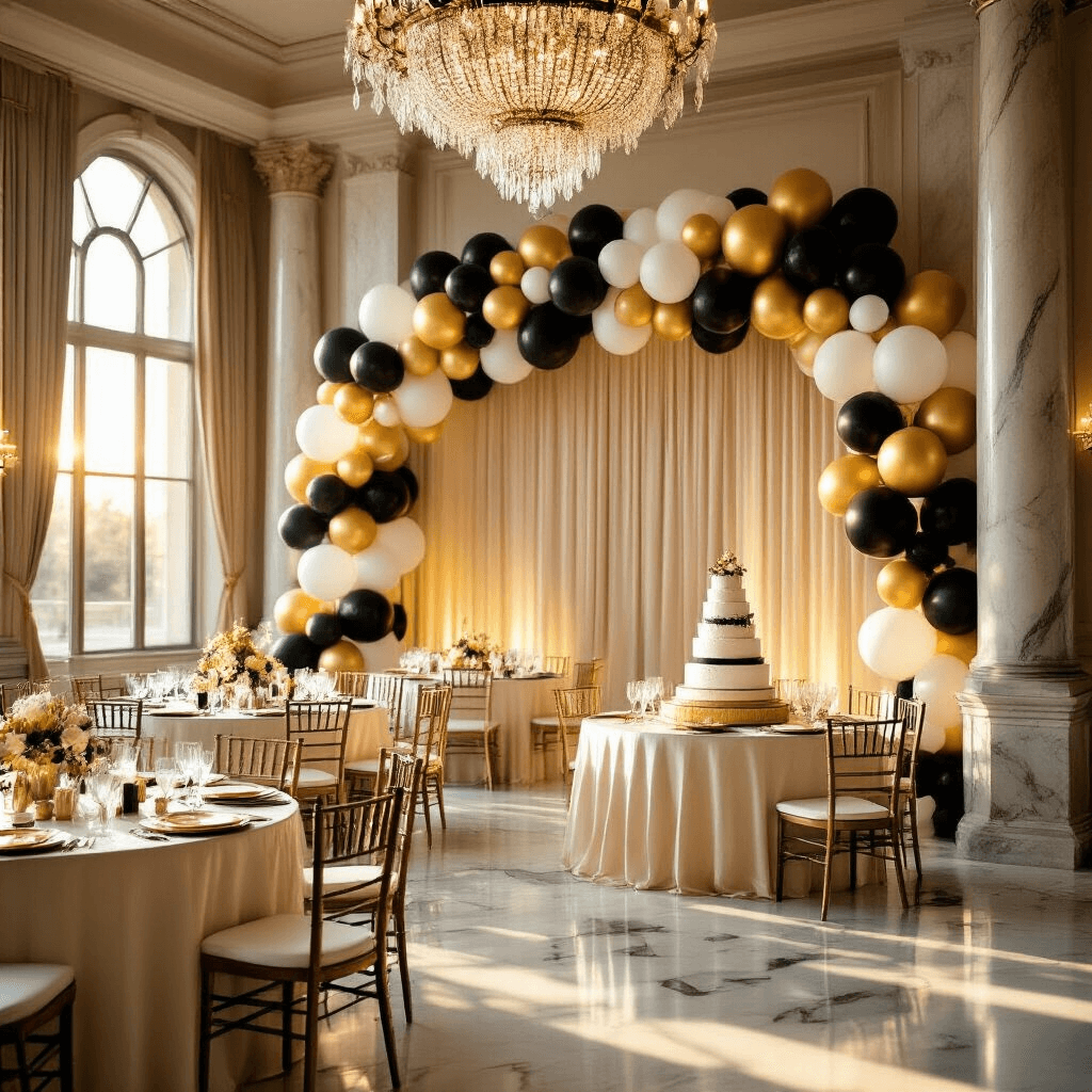 🎓 Graduation Balloon Garland: The Ultimate Celebration Decor Guide A beautifully decorated indoor ballroom for a graduation celebration, featuring a balloon garland in black, gold, and white, elegant round tables with ivory linens, gold charger plates, and crystal stemware, alongside a tiered graduation cake under a stunning balloon arch, all illuminated by golden hour sunlight and soft chandelier lighting.
