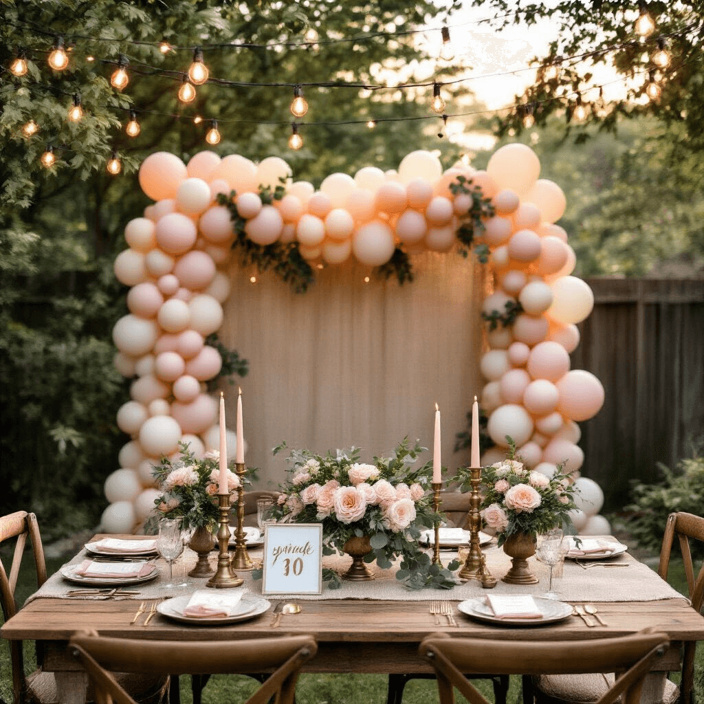 🎓 Graduation Balloon Garland: The Ultimate Celebration Decor Guide Overhead view of a stylish backyard graduation setup featuring rustic tables with blush pink and cream balloon garlands, vintage brass candlesticks, eucalyptus centerpieces, and personalized photo props on burlap runners, all illuminated by fairy lights during golden hour.