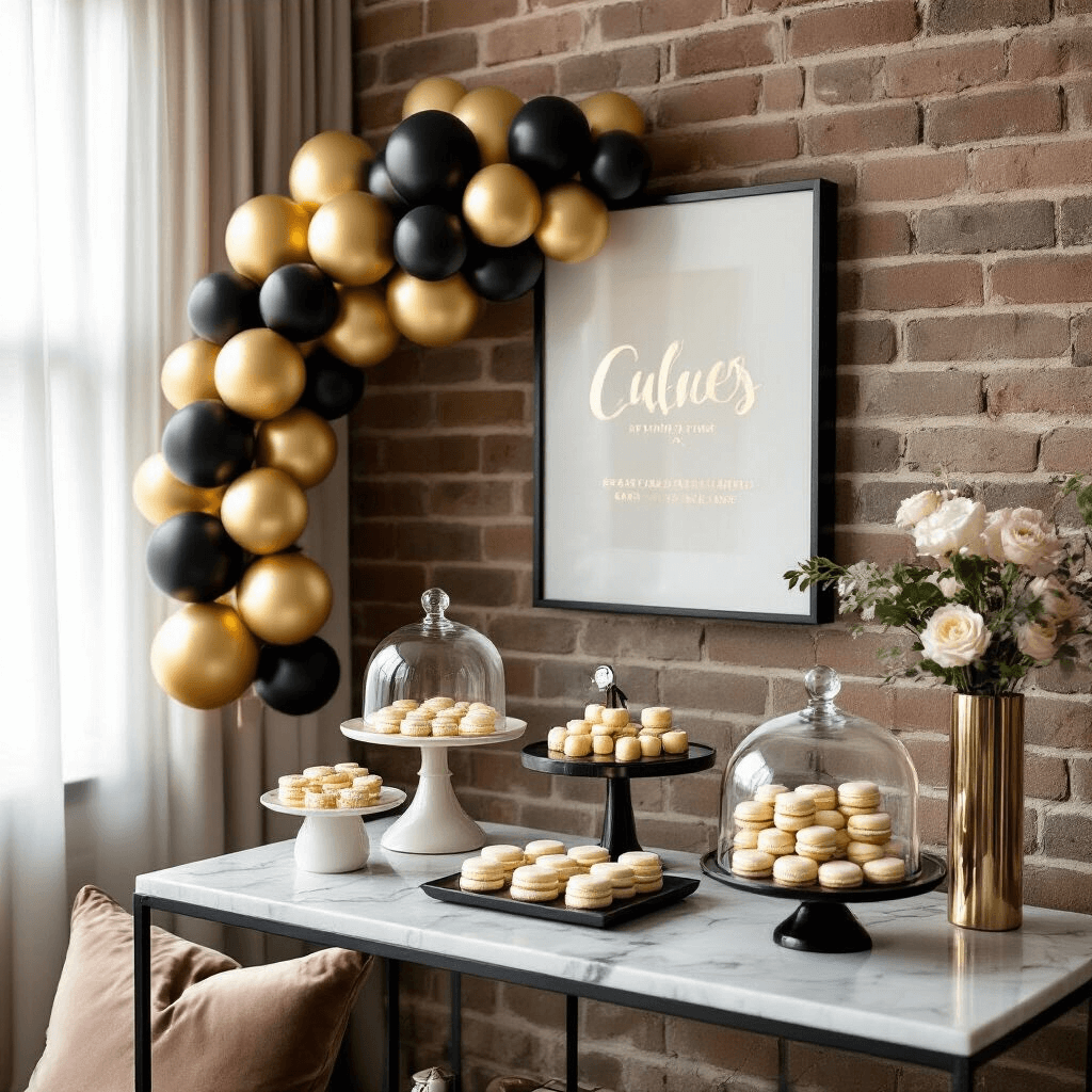 🎓 Graduation Balloon Garland: The Ultimate Celebration Decor Guide Close-up shot of a modern apartment graduation display featuring a minimalist balloon garland in metallic gold and matte black, a dessert cart with elegant glass cloches holding graduation-themed macarons and petit fours, and soft morning light illuminating velvet cushions and ceramic serving pieces against exposed brick walls.