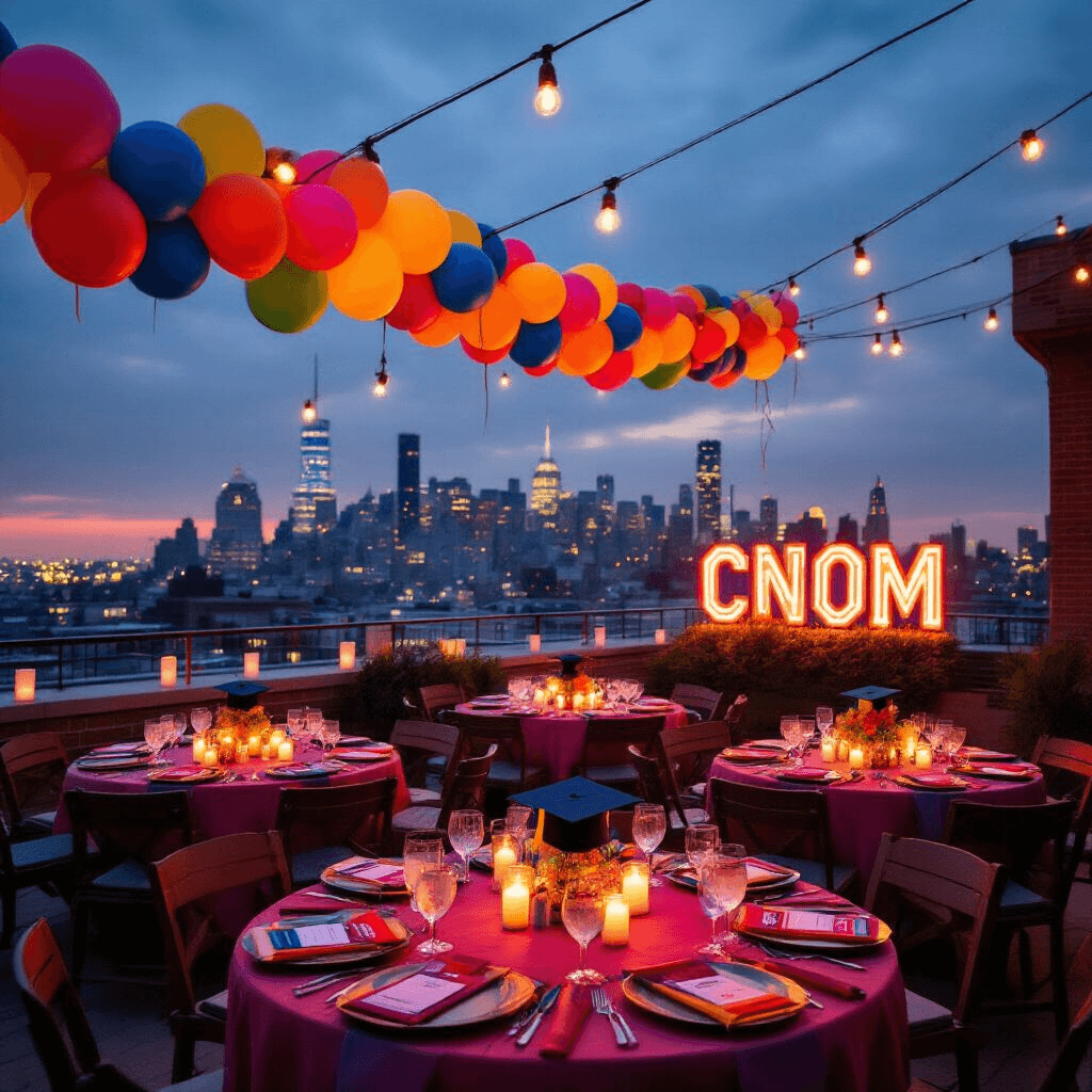 🎓 Graduation Balloon Garland: The Ultimate Celebration Decor Guide Festive rooftop terrace graduation celebration at dusk, featuring a colorful balloon garland against the city skyline, round cocktail tables with vibrant linens and DIY graduation cap centerpieces, neon signage, and elegant pillar candles in glass hurricanes.