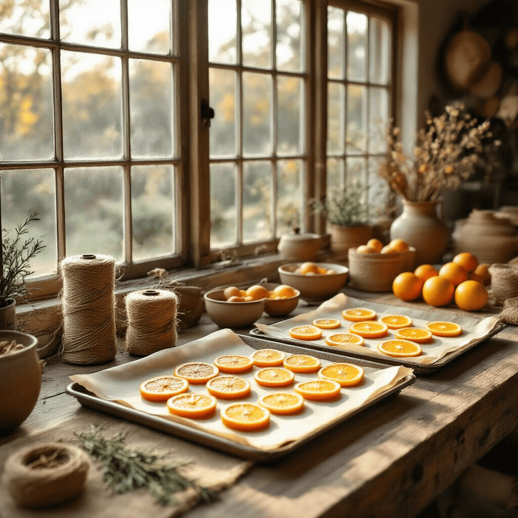 How to Create a Stunning Dried Fruit Garland: A Complete DIY Guide Wide-angle shot of a rustic workshop with natural morning light, showcasing a wooden table arranged with vibrant dried fruit slices, a vintage mandolin slicer, and crafting materials amid a cozy, warm-toned atmosphere.