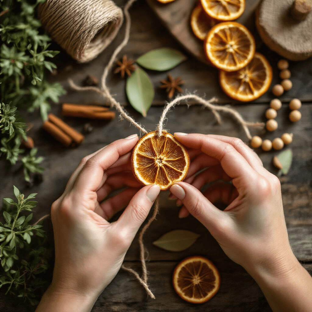 How to Create a Stunning Dried Fruit Garland: A Complete DIY Guide Close-up of hands threading dried orange slices onto twine in warm golden hour light, surrounded by bay leaves, cinnamon sticks, and wooden beads on a rustic wooden workspace.