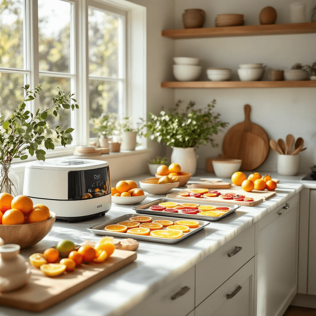 How to Create a Stunning Dried Fruit Garland: A Complete DIY Guide Wide-angle shot of a modern kitchen workspace featuring organized supplies for making a dried fruit garland, with a professional food dehydrator, colorful fruit slices on baking sheets, and fresh fruit in glass bowls, all set against marble countertops in a bright, airy environment.