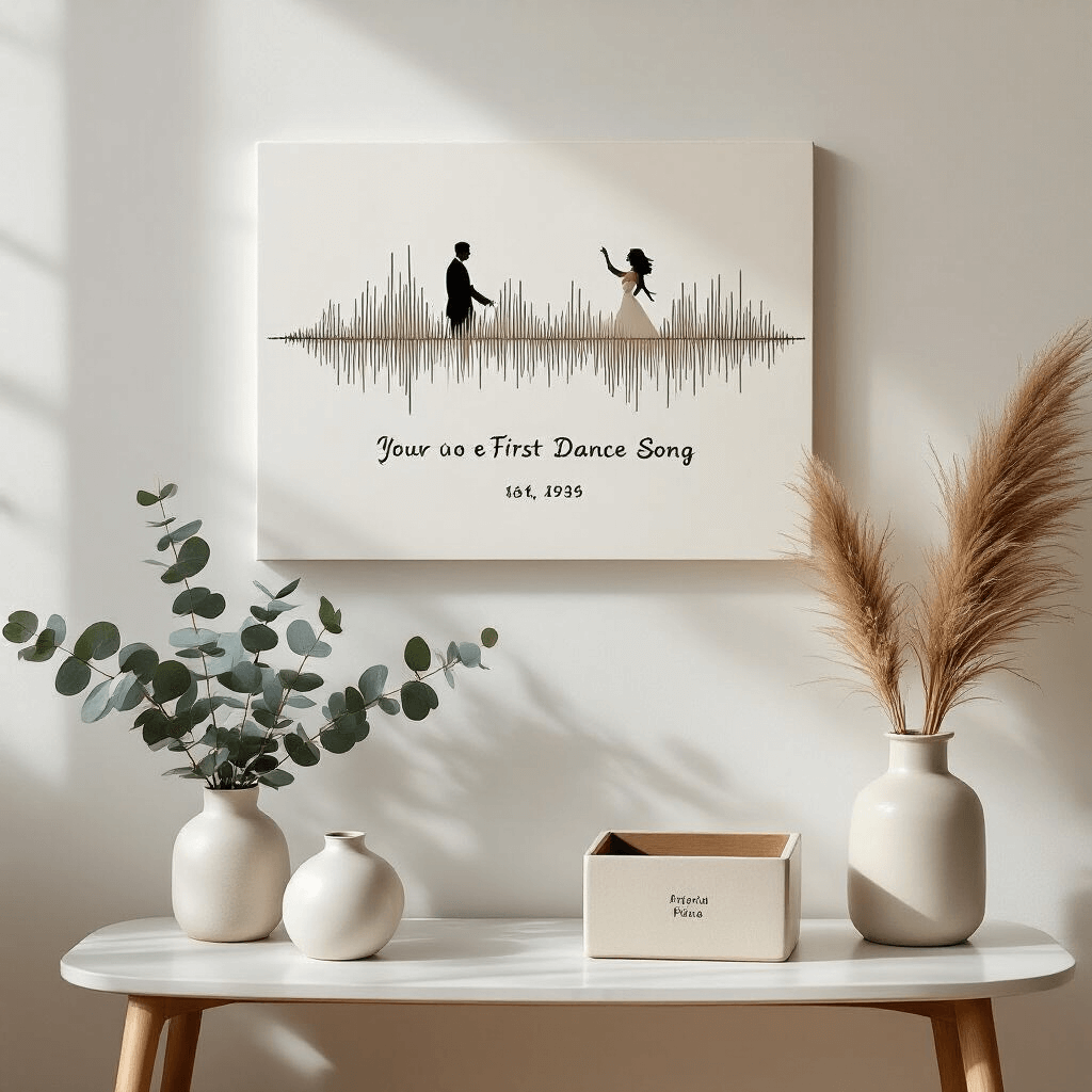 The Gift Guide for Couples That'll Actually Make Them Swoon (Not Cringe) A bright, minimalist home decor scene featuring a custom soundwave art piece of a couple's first dance song on a white wall, complemented by ceramic vases with eucalyptus and pampas grass, and a personalized photo box on a mid-century modern side table.