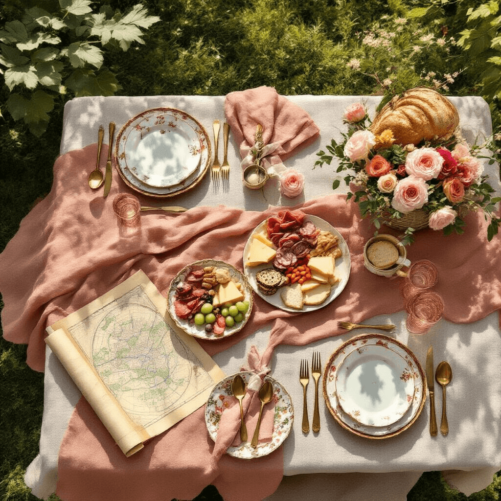 The Gift Guide for Couples That'll Actually Make Them Swoon (Not Cringe) An overhead view of a luxurious picnic setup in a sun-drenched garden, featuring a terracotta linen tablecloth, vintage brass cutlery, hand-painted ceramic plates, rose gold accessories, a rolled custom map art print, and gourmet charcuterie, all styled with delicate natural elements and warm textures.