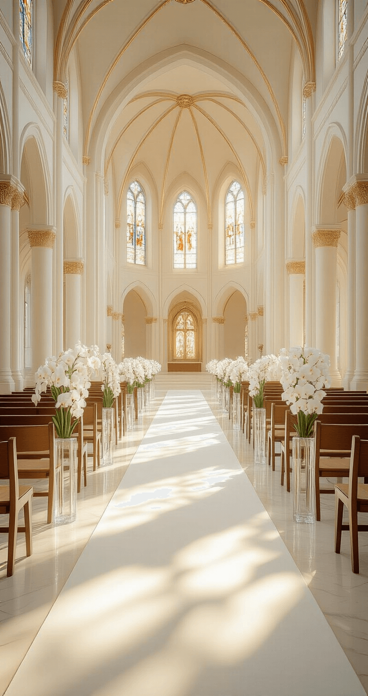 How Long Should You Walk Down the Aisle? (And Why Getting It Wrong Makes Everyone Squirm) A sunlit cathedral wedding aisle featuring ivory marble floors and white walls with gold details, illuminated by stained glass windows, with an ivory runner and white orchids in crystal vases, captured in soft focus from a slightly elevated angle.