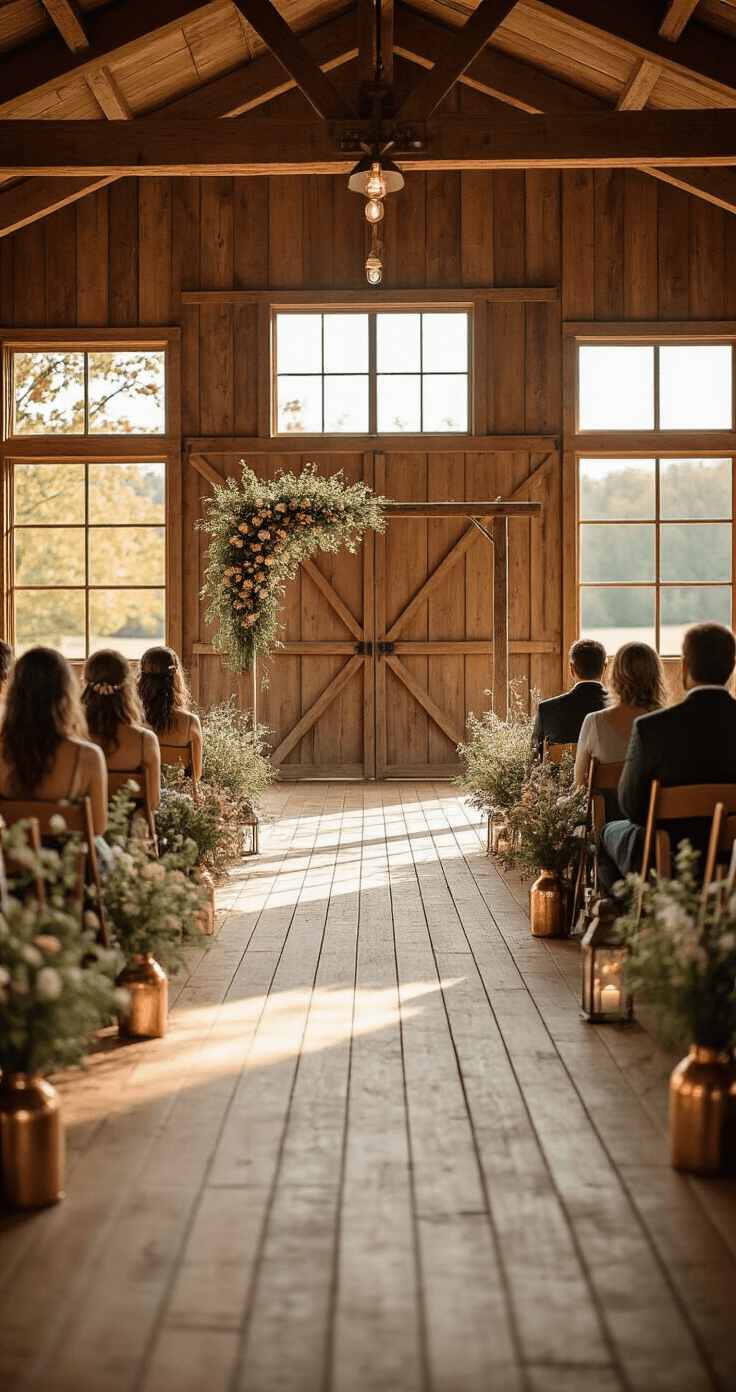 How Long Should You Walk Down the Aisle? (And Why Getting It Wrong Makes Everyone Squirm) Rustic outdoor wedding venue featuring a wooden barn interior with warm honey toned flooring, natural light streaming through large windows, minimalist wildflower arrangements in copper vases, vintage lanterns lining the aisle, and a wooden arch at the end of the aisle, captured in soft focus.