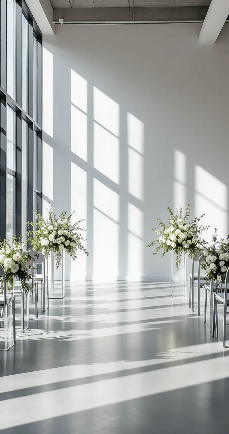 How Long Should You Walk Down the Aisle? (And Why Getting It Wrong Makes Everyone Squirm) A modern minimalist wedding venue featuring sleek gray concrete floors, floor-to-ceiling windows, and architectural white walls with geometric shadows. Monochromatic floral arrangements in clear glass cylinders are placed on geometric pedestals, captured in a wide architectural shot with sharp lines contrasting soft organic elements, in black and white style.