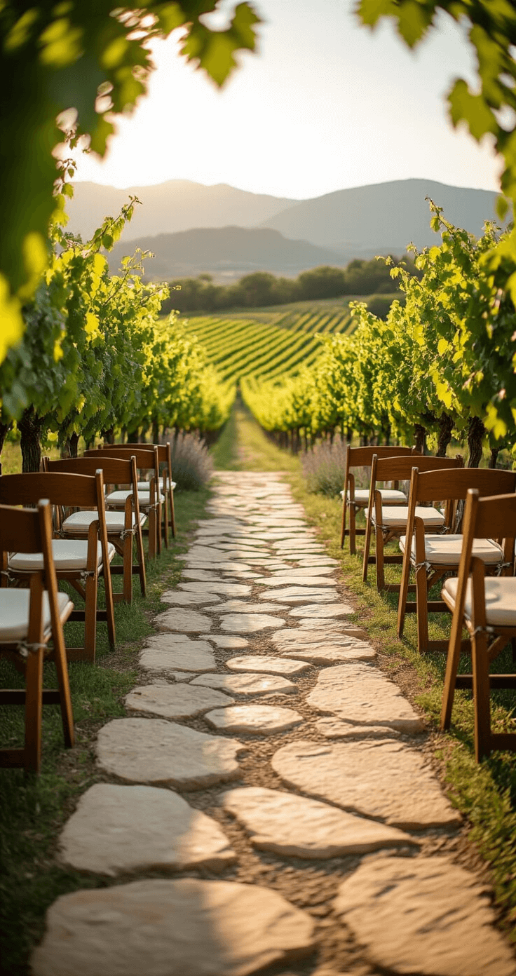 How Long Should You Walk Down the Aisle? (And Why Getting It Wrong Makes Everyone Squirm) A vineyard wedding ceremony with a stone pathway winding through green vines, terracotta-colored aisle adorned with lavender and rosemary, rustic wooden chairs with cream cushions, distant mountains in the background, all bathed in warm golden afternoon light.