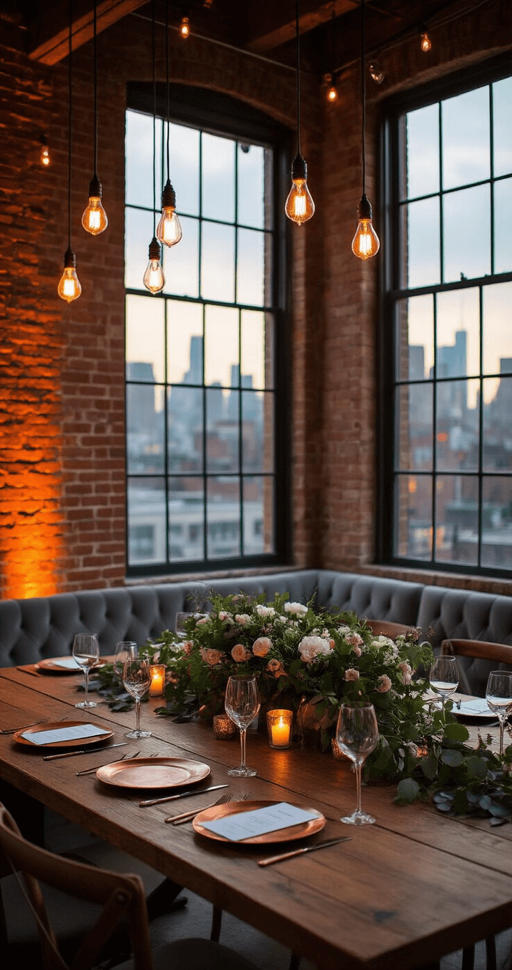 How Long Does a Wedding Reception Actually Last? (And What You Really Need to Know) An intimate wedding reception featuring exposed brick walls, industrial chic design, warm Edison bulb lighting, wooden farm tables with mixed metallic decor, greenery centerpieces, minimalist place settings, soft gray velvet lounge seating, and a city skyline view during twilight hours.