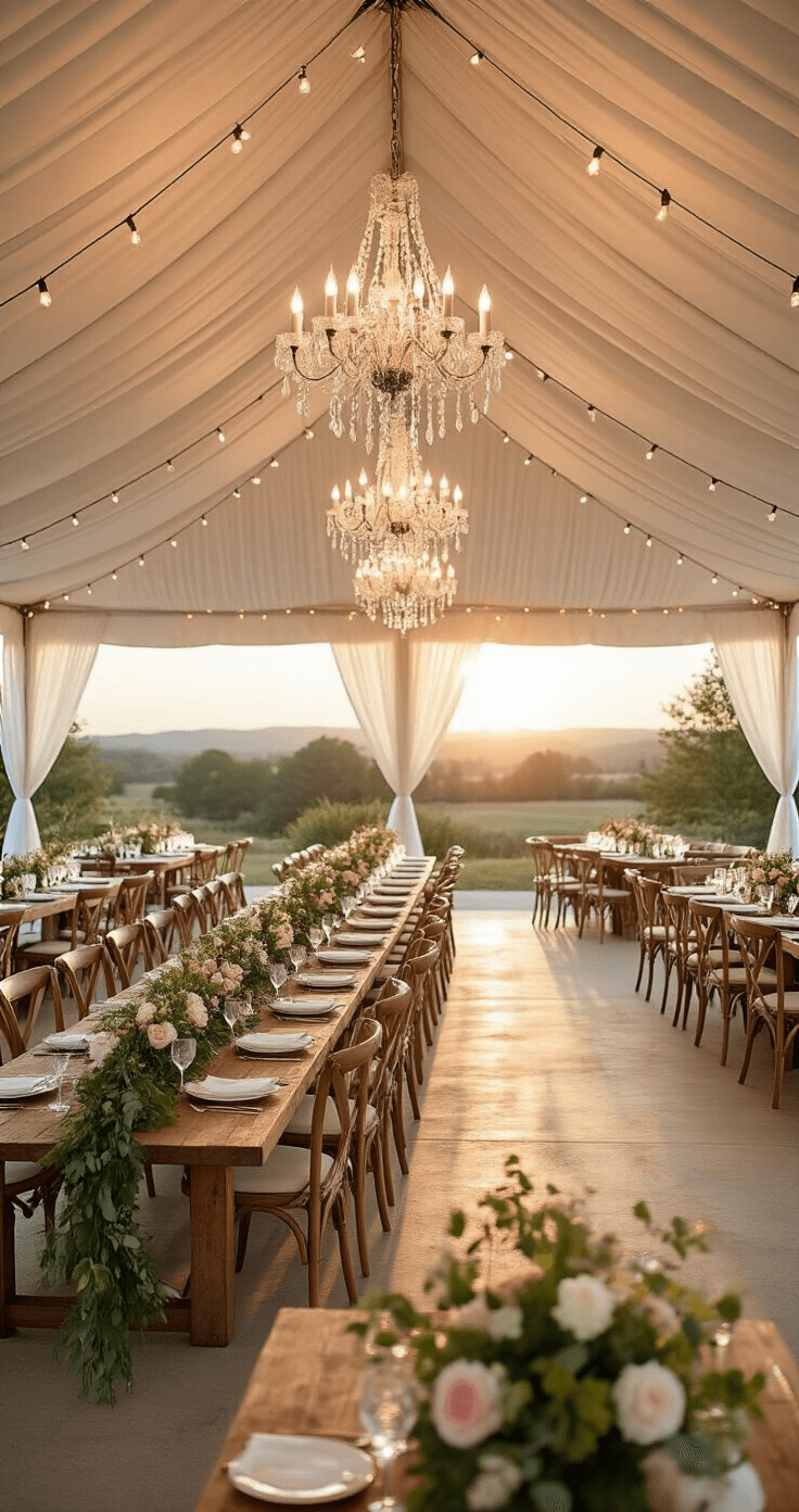 How Long Does a Wedding Reception Actually Last? (And What You Really Need to Know) Elegant outdoor wedding reception under a white sailcloth tent at sunset, featuring crystal chandeliers, wooden farm tables adorned with greenery garlands and blush flowers, soft string lights, a dance floor with romantic uplighting, and a scenic landscape view.