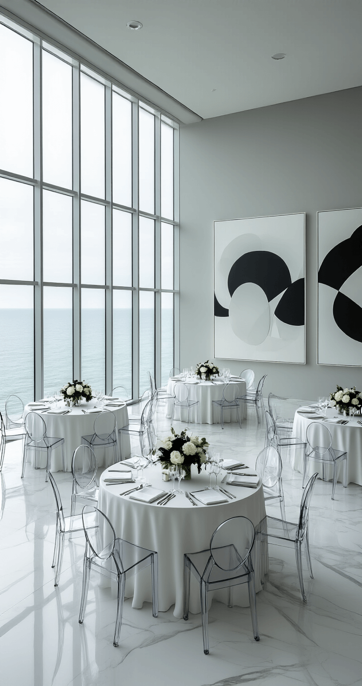 How Long Does a Wedding Reception Actually Last? (And What You Really Need to Know) Modern minimalist wedding reception featuring floor-to-ceiling ocean views, sleek white marble floors, round tables with white linens and lucite chairs, black and white floral centerpieces, a soft gray and white color scheme with metallic accents, large abstract art installations, and a clean architectural design.