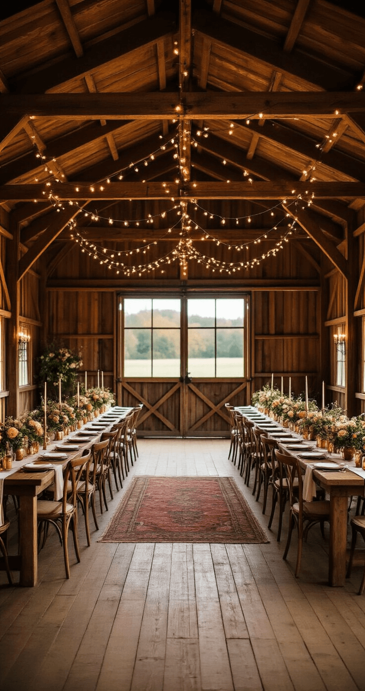 How Long Does a Wedding Reception Actually Last? (And What You Really Need to Know) Rustic barn wedding reception featuring exposed timber beams, warm fairy lights, long farmhouse tables with natural linen runners, vintage brass candelabras, and seasonal flowers in copper vessels, creating an intimate and organic atmosphere.