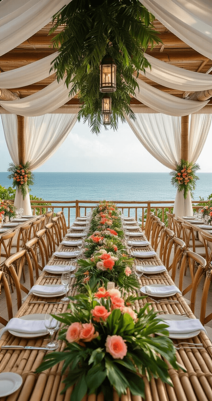How Long Does a Wedding Reception Actually Last? (And What You Really Need to Know) Tropical wedding reception on open-air terrace with ocean view, featuring bamboo furniture, lush floral centerpieces, draped white fabric, and lantern lighting, creating a romantic and relaxed ambiance.