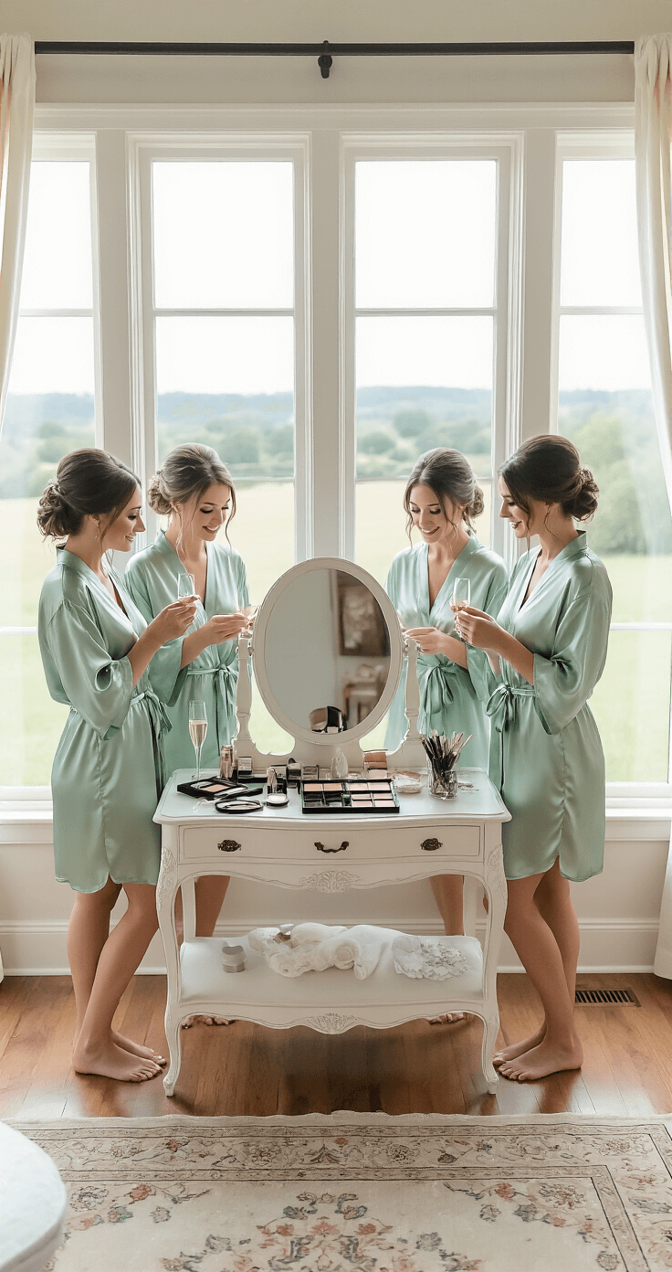How Many Bridesmaids Should I Actually Have? Let Me Break It Down A bright bridal suite with four bridesmaids in sage green silk robes around a vintage vanity, with makeup scattered about, large windows revealing a countryside view, and champagne glasses on a marble side table.