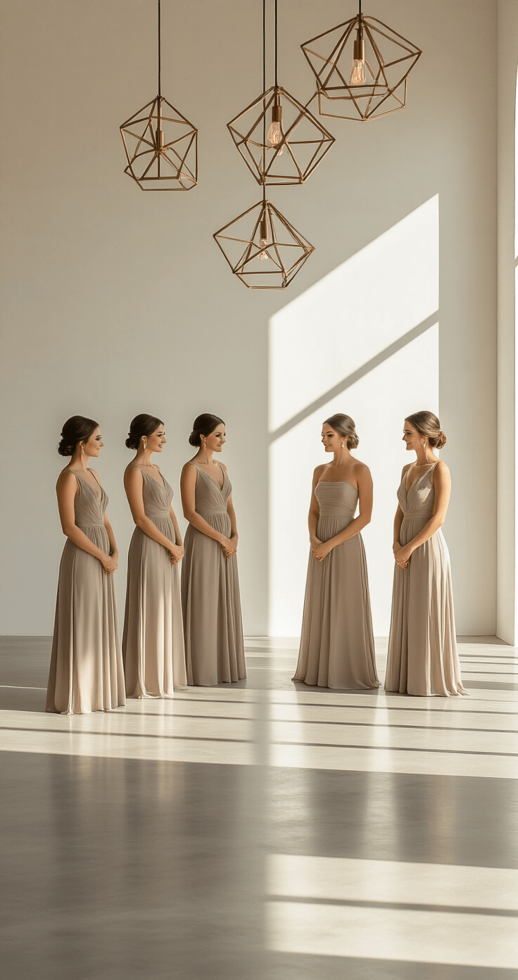How Many Bridesmaids Should I Actually Have? Let Me Break It Down A minimalist wedding ceremony space featuring clean white walls, geometric brass light fixtures, and architectural concrete flooring, with four bridesmaids in taupe cocktail dresses standing in alignment, soft afternoon sunlight creating gentle shadows, all captured with a Leica perspective highlighting symmetrical composition and negative space.