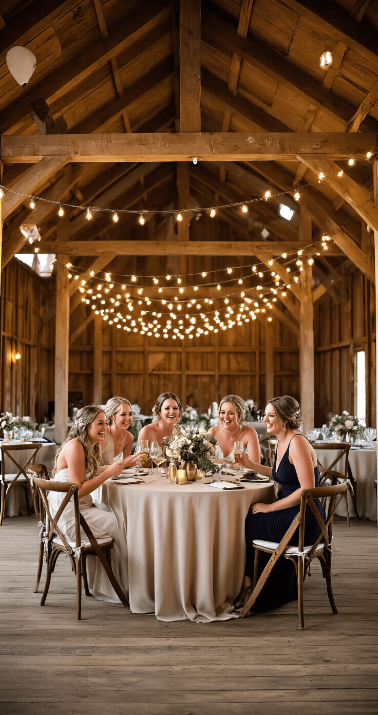 How Many Bridesmaids Should I Actually Have? Let Me Break It Down Intimate rustic barn wedding reception with bridesmaids laughing and toasting at round tables adorned with neutral linens and greenery centerpieces, illuminated by warm string lights and vintage candle holders.