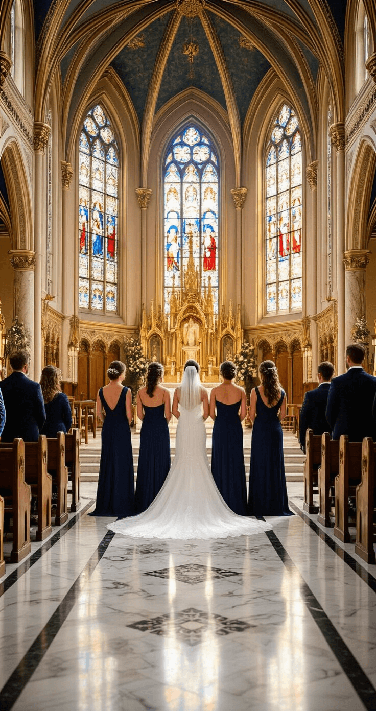 How Many Bridesmaids Should I Actually Have? Let Me Break It Down An elegant historic church wedding aisle features marble floors and tall stained glass windows casting vibrant jewel-toned light. Four bridesmaids in deep navy gowns stand perfectly spaced amidst ornate gold-leaf architectural details, with soft morning light streaming dramatically, capturing the grandeur and symmetry of the scene.