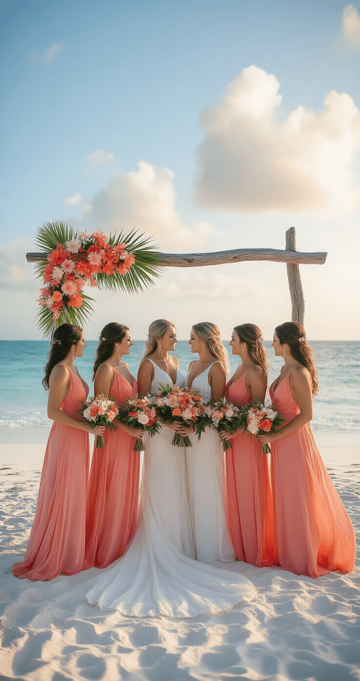 How Many Bridesmaids Should I Actually Have? Let Me Break It Down Beachside wedding setup with bridesmaids in coral ombré dresses, driftwood arch with tropical flowers, gentle ocean waves, and warm golden hour lighting.