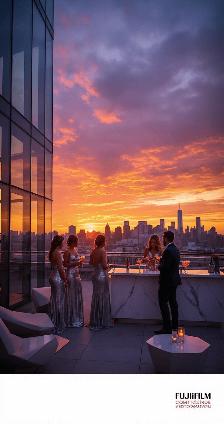 How Many Bridesmaids Should I Actually Have? Let Me Break It Down Urban rooftop wedding cocktail hour featuring bridesmaids in metallic silver dresses, modern industrial decor, city skyline at sunset with dramatic reflections, and a sleek marble bar serving signature cocktails.