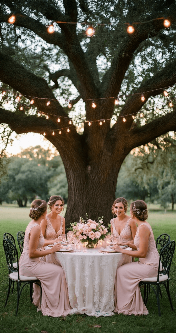 How Many Bridesmaids Should I Actually Have? Let Me Break It Down A vintage garden wedding reception under a century-old oak tree, featuring bridesmaids in blush pink lace dresses, twinkling café lights, antique wrought iron chairs, and pastel flower arrangements in mercury glass vases, all set against a soft twilight backdrop with delicate lace tablecloths.