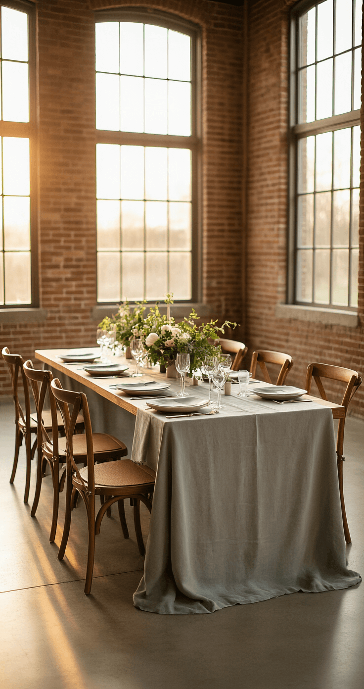 How Many People Should I Really Invite to My Wedding? An elegant micro-wedding reception space featuring a long wooden farm table with dove gray linen, set for eight with minimalist white plates and crystal stemware, illuminated by soft golden hour light through large windows, against a warm terracotta brick wall and polished concrete floor, conveying intimacy and connection.
