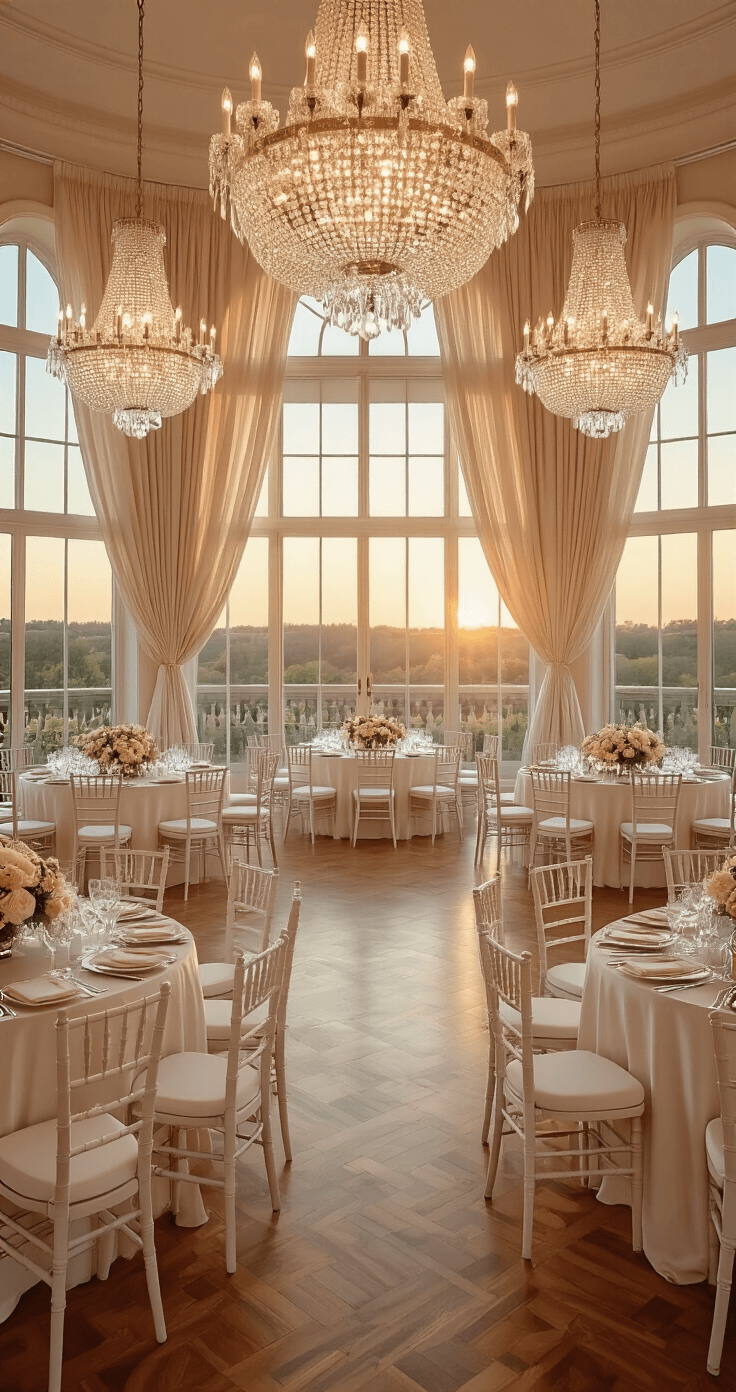 How Many People Should I Really Invite to My Wedding? Elegant wedding reception interior featuring round tables in a semicircle, adorned with blush and ivory floral arrangements, soft ambient lighting from crystal chandeliers, and a hardwood parquet dance floor.
