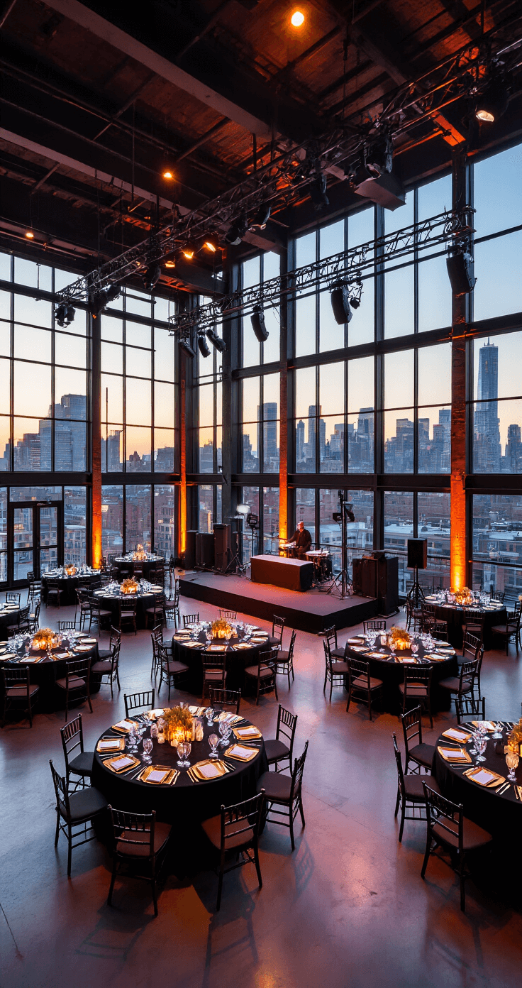 How Many People Should I Really Invite to My Wedding? A vibrant wedding reception space with an expansive dance floor under a professional lighting rig, featuring a raised band platform and a sophisticated bar with marble countertops. The industrial-chic venue showcases exposed steel beams and floor-to-ceiling windows revealing an urban skyline at twilight. Decorated with round tables dressed in black tablecloths and metallic gold charger plates, the mood lighting transitions from warm amber to cool blue, capturing the dynamic interactions within the space.