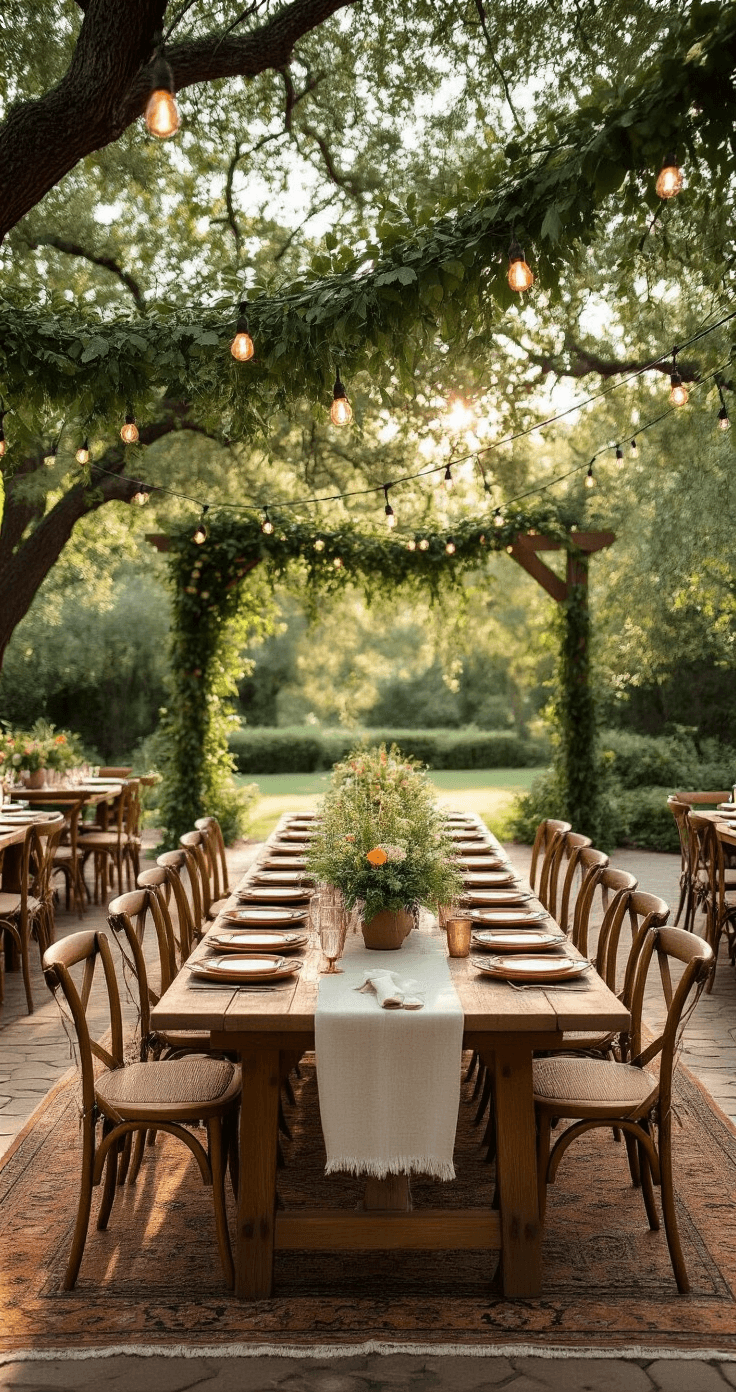 How Many People Should I Really Invite to My Wedding? Intimate backyard wedding reception with natural wood farmhouse tables under string lights and greenery, soft sunlight filtering through oak trees, featuring terracotta and sage green decor, handmade ceramic plates, copper flatware, and low wildflower arrangements, creating a relaxed atmosphere.