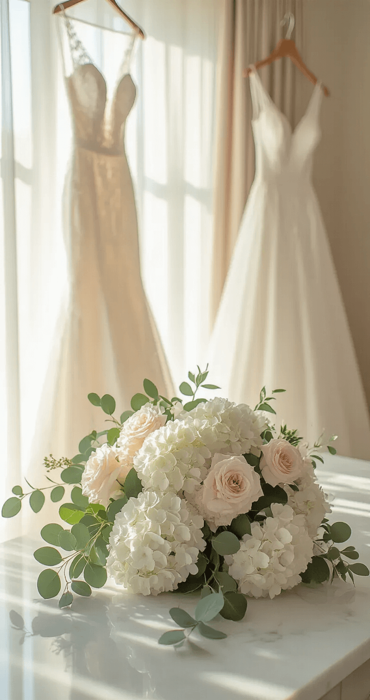What I Wish Someone Had Told Me Before Spending $3,000 on Wedding Flowers A sunlit bridal preparation room featuring sheer white curtains, a white marble countertop with hydrangeas and eucalyptus, and a delicate silk wedding gown; soft blush and ivory tones create an elegant atmosphere, captured in soft shadows with a low angle.