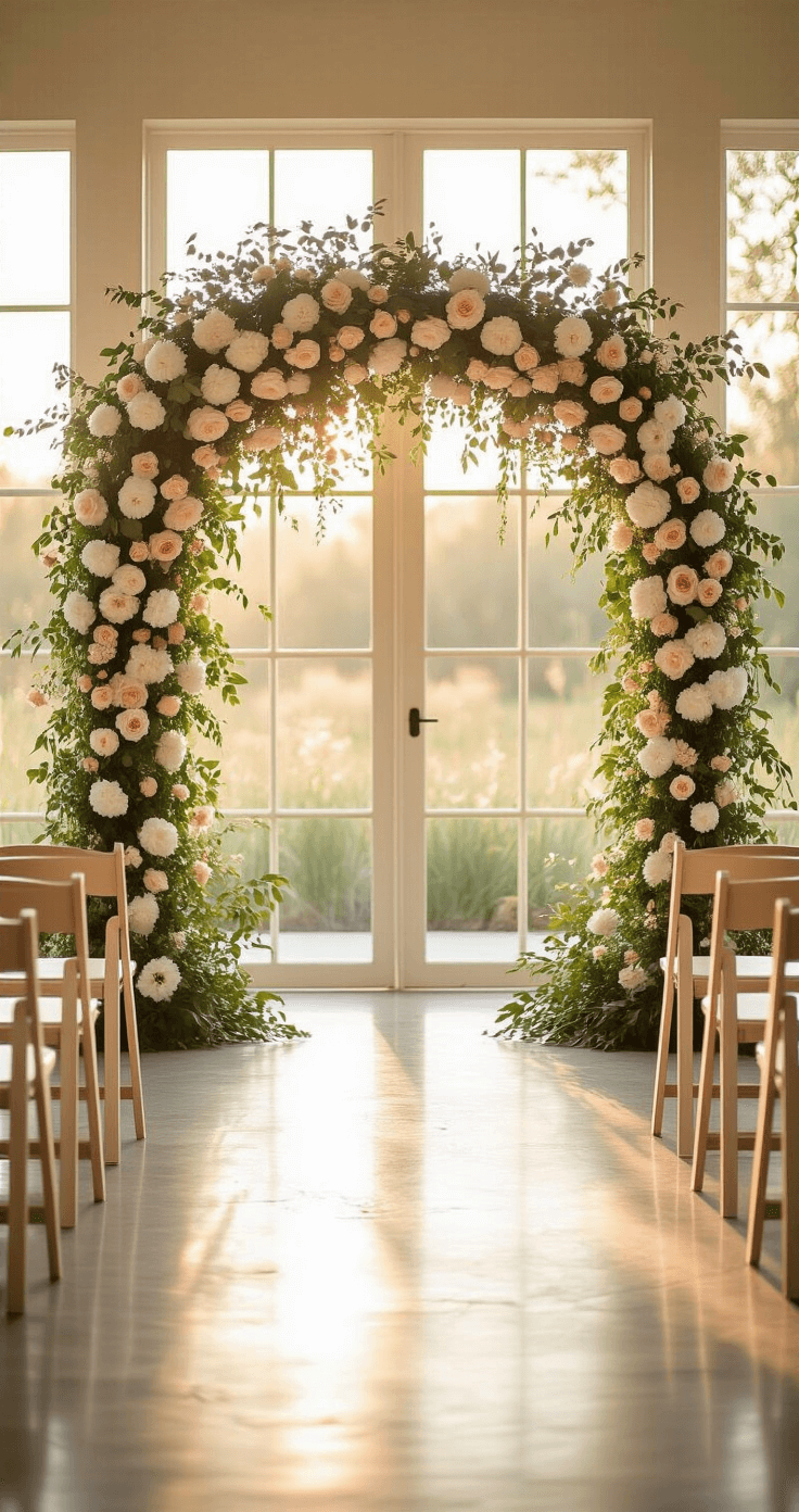 What I Wish Someone Had Told Me Before Spending $3,000 on Wedding Flowers An intimate wedding ceremony space with a floral arch of white peonies and blush roses, soft cream wooden chairs in a curve, natural light from large windows, polished concrete floor reflecting golden hour light, minimalist design with botanical elements, captured with a wide-angle lens.
