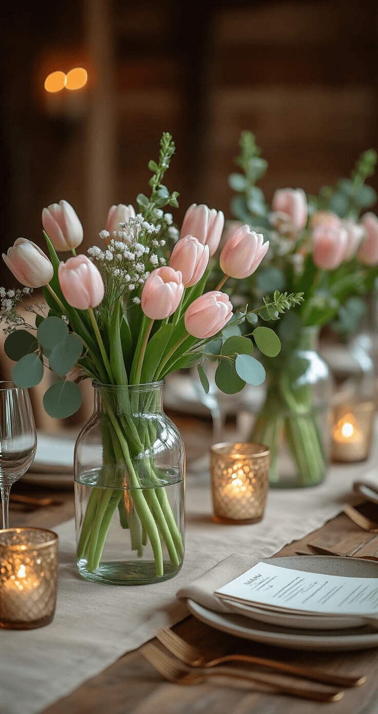 What I Wish Someone Had Told Me Before Spending $3,000 on Wedding Flowers A rustic reception table featuring mixed-height glass vases with pastel tulips, eucalyptus, and baby's breath, accented by matte gold cutlery, warm taupe linen runners, and vintage glass votives, all bathed in soft ambient lighting.