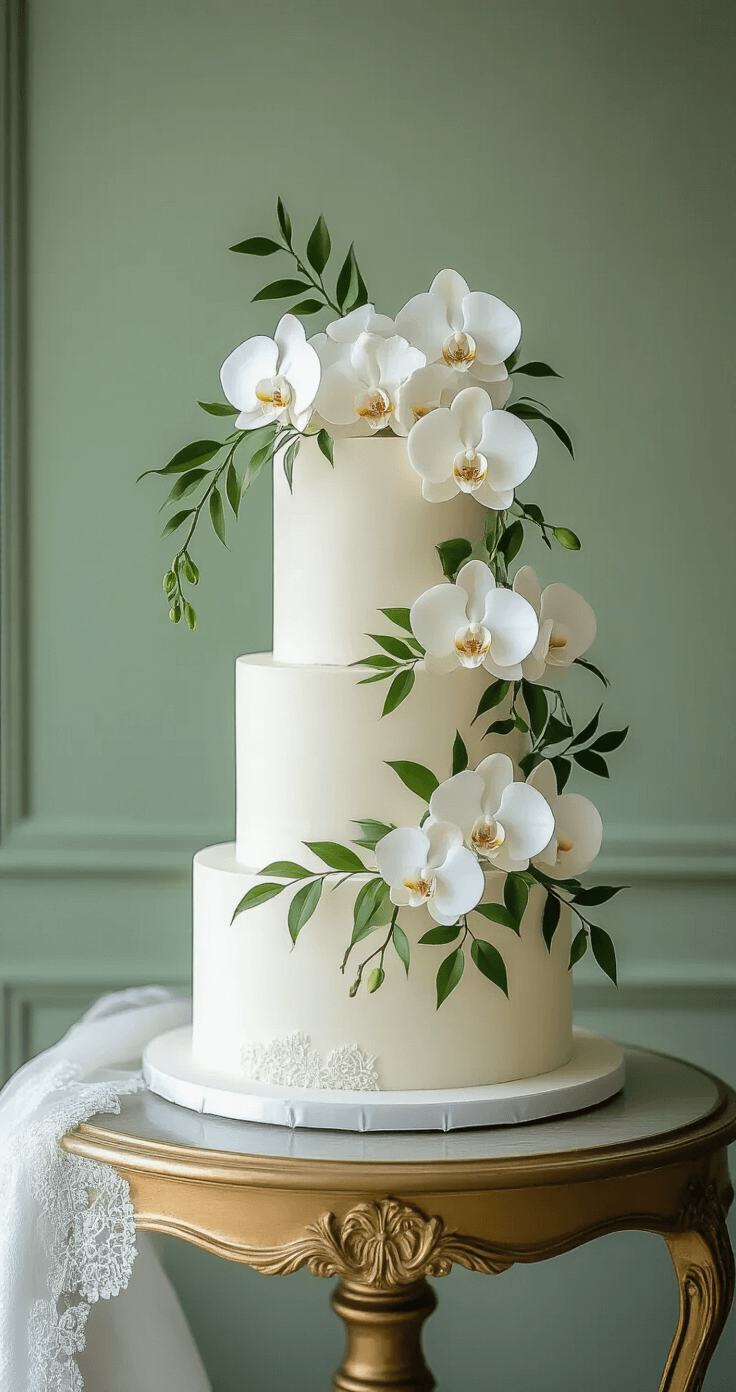 What I Wish Someone Had Told Me Before Spending $3,000 on Wedding Flowers A beautifully arranged wedding cake with subtle white orchids and trailing greenery, set on a vintage gold-trimmed table against muted sage green walls, highlighted by dramatic side lighting that accentuates the cake's texture and floral details.