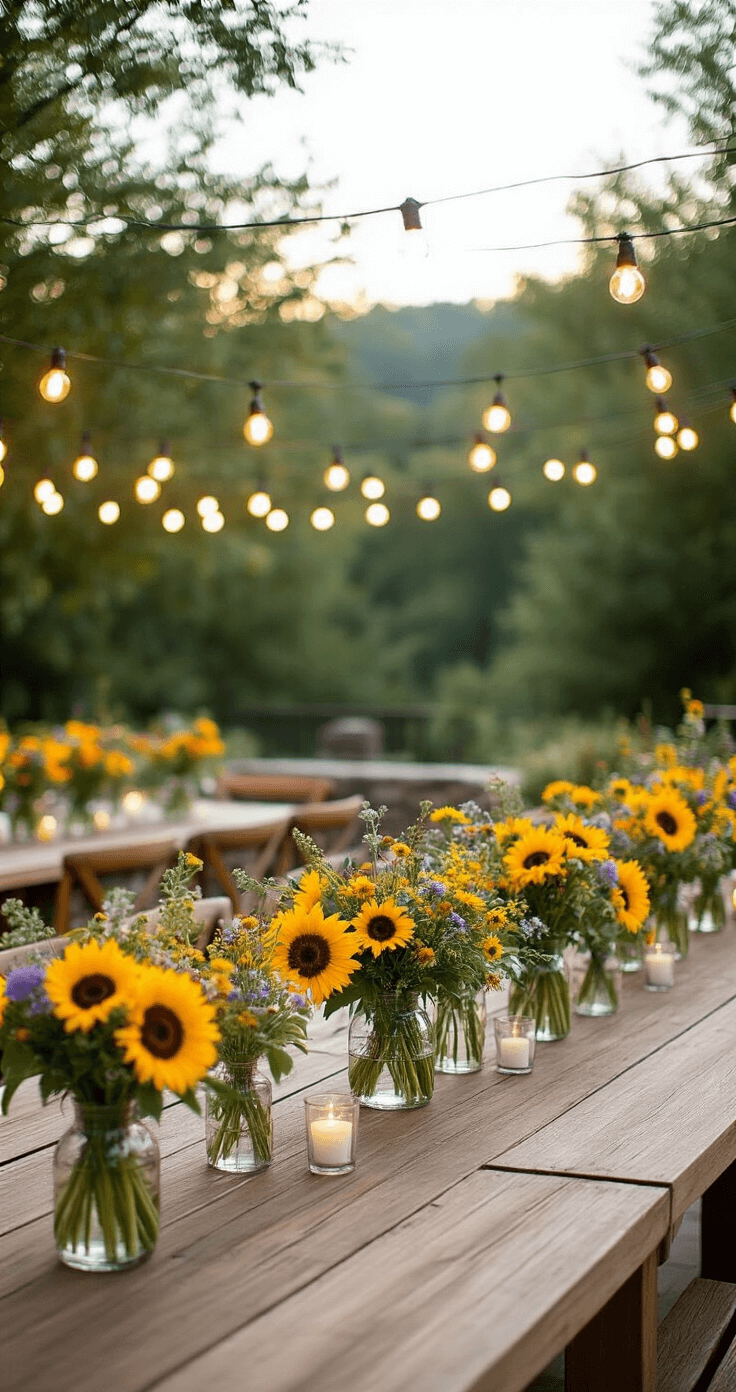 What I Wish Someone Had Told Me Before Spending $3,000 on Wedding Flowers Outdoor cocktail hour setup with wooden farm tables adorned with glass vases of sunflowers and wildflowers, surrounded by seasonal floral arrangements. String lights overhead cast a soft glow over a natural stone patio, set in a relaxed wedding celebration atmosphere during the evening.