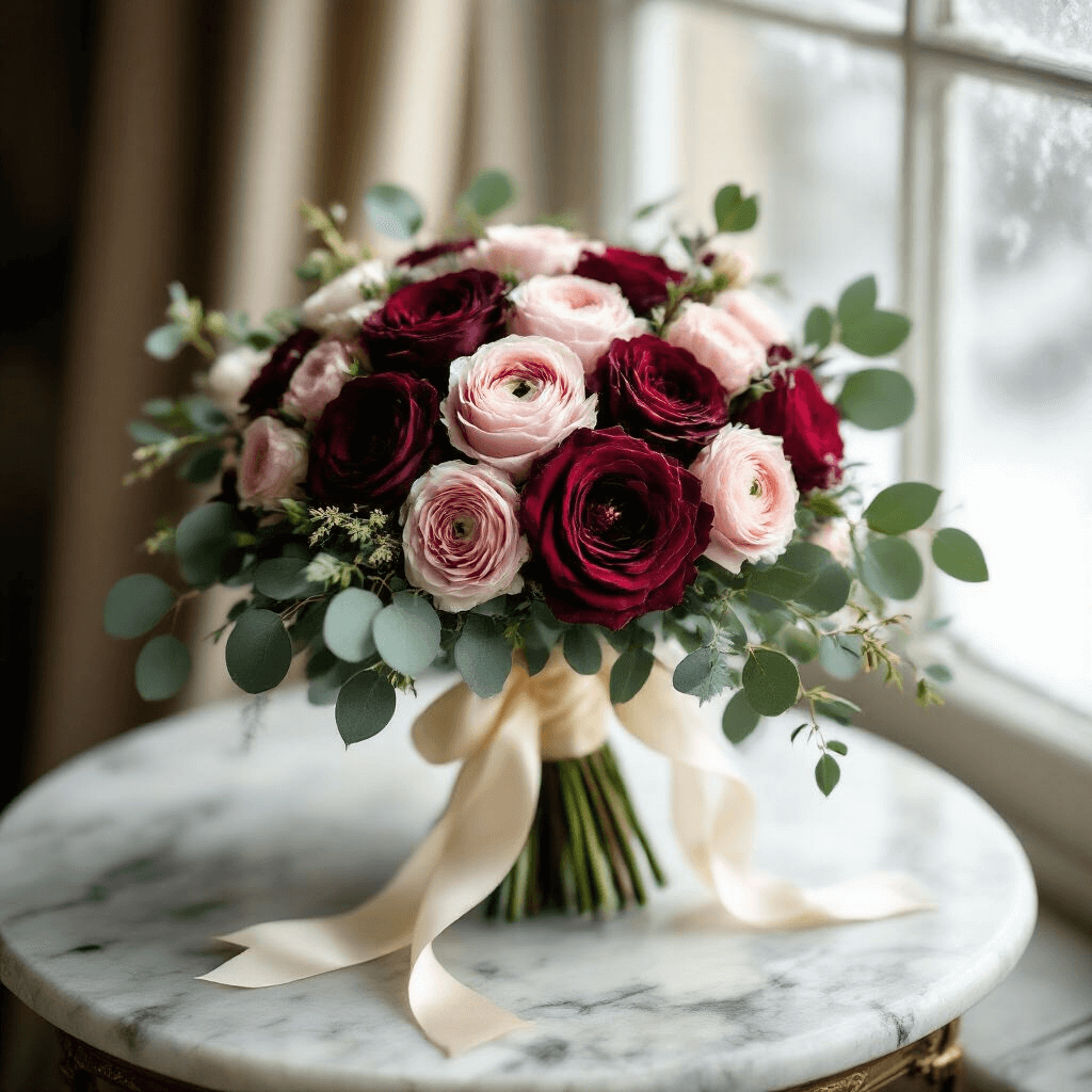 Winter Bouquets That'll Make You Forget It's Freezing Outside Photorealistic winter wedding bouquet featuring deep burgundy roses, blush pink ranunculus, and sage green eucalyptus stems, wrapped in a cream silk ribbon, on a vintage marble side table near a frost-covered window, illuminated by golden hour light.